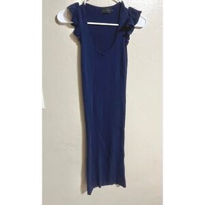 Hatch Navy Blue Ribbed Knit Ruffle maternity Scoop Neck Bodycon Midi Dress